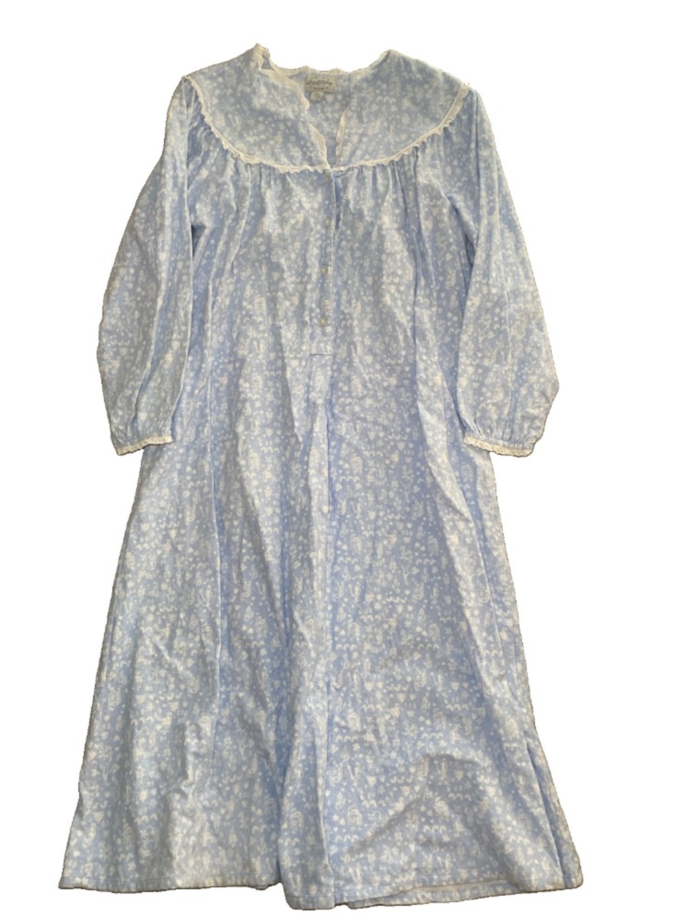 Blue Village Print Cotton Flannel Nightgown Cottagecore S Lanz of Salzburg